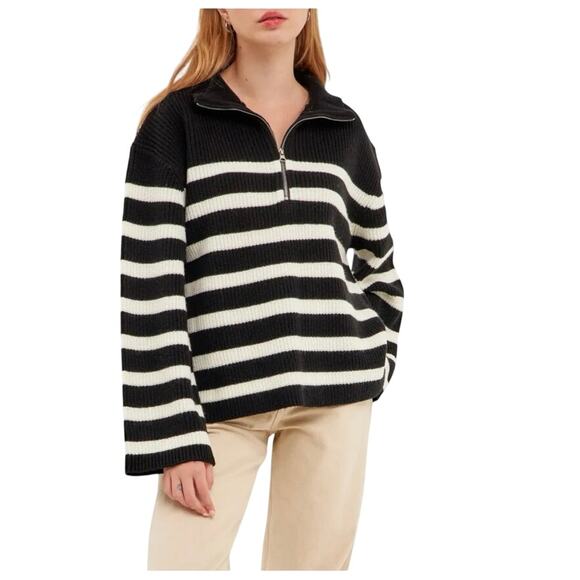 English Factory Stripe Half-Zip Sweater black white Womens size S NWT $100 - Picture 1 of 12